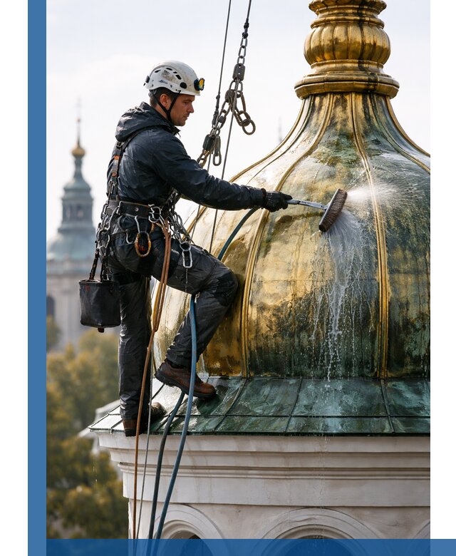 Профессиональная мойка куполов и шпилей высотными альпинистами в Сарове