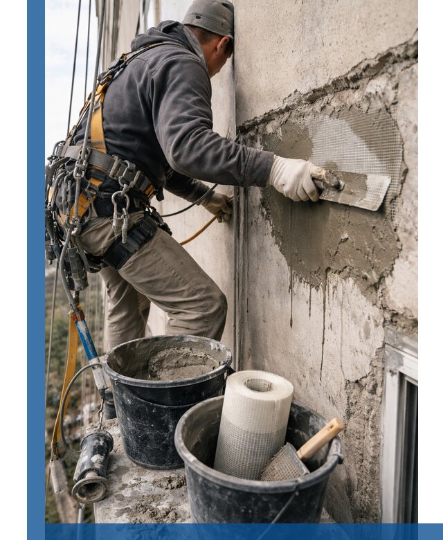 Ремонт бетонных элементов фасада промышленными альпинистами в Сарове