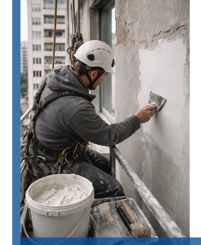 Шпаклевка фасадов на высоте с промальпинистами в Сарове