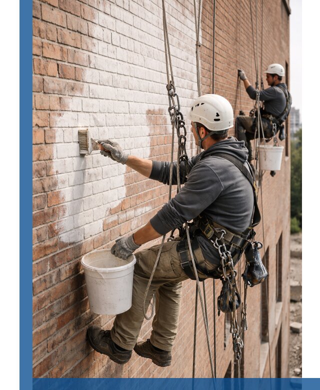 Покраска кирпичного фасада с доступным альпинистским сервисом в Сарове