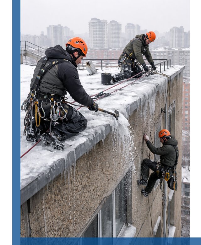 Удаление наледи с кровли в Сарове промышленными альпинистами