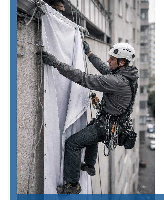 Замена баннерного полотна промышленными альпинистами в Сарове