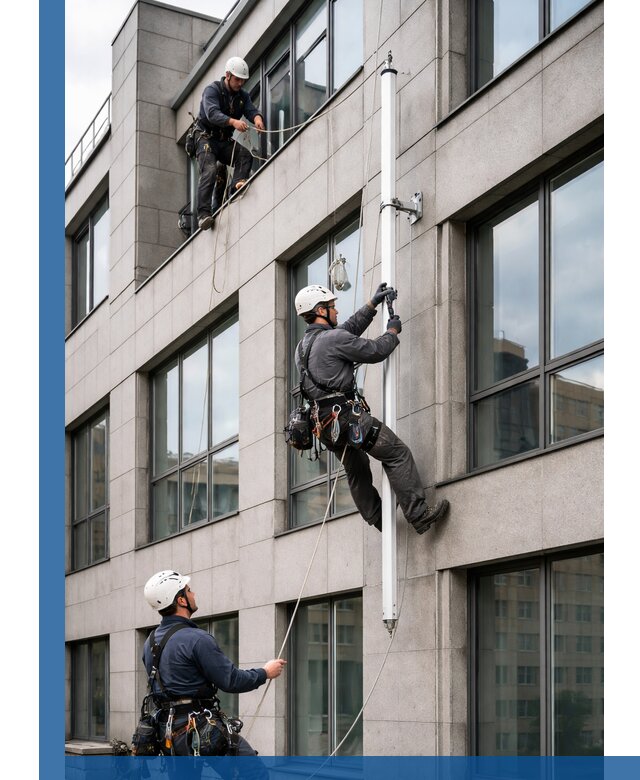 Монтаж флагштока на фасаде здания с креплением и герметикой в Сарове