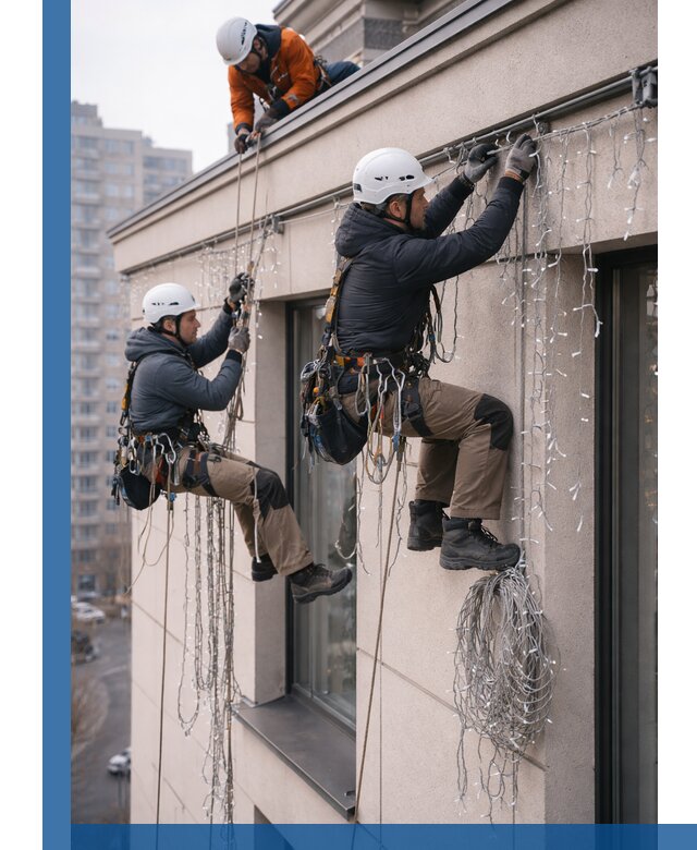 Монтаж праздничных гирлянд на фасаде в Сарове для зданий