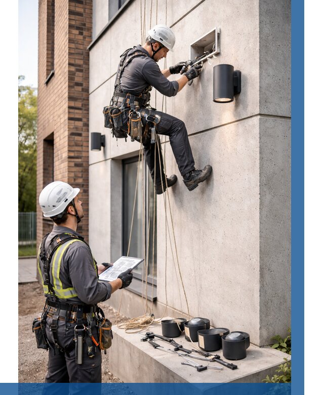 Монтаж фасадного освещения в Сарове от 2604 р. | ВЫСОТНИК-Сро