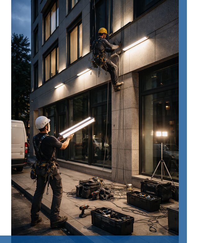 Монтаж архитектурной подсветки здания в Сарове от 2604 р.|ВЫСОТНИК-Сро