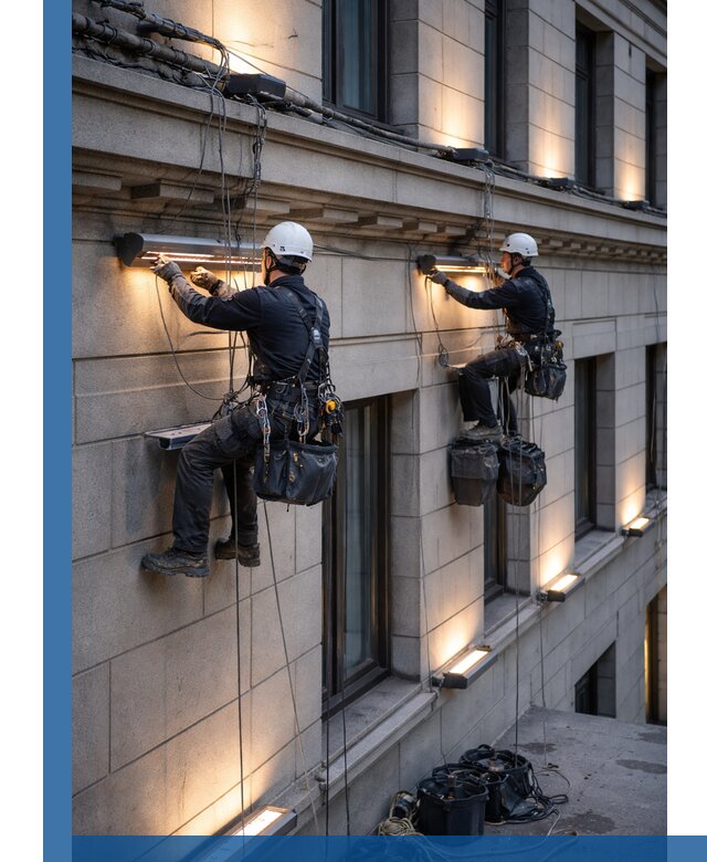 Монтаж архитектурной подсветки фасадов зданий в Сарове