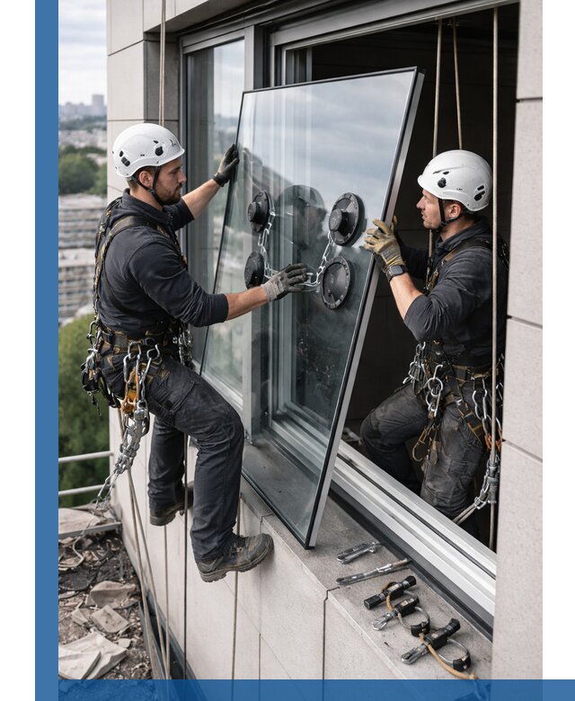 Замена стеклопакетов на высоте с промышленными альпинистами в Сарове