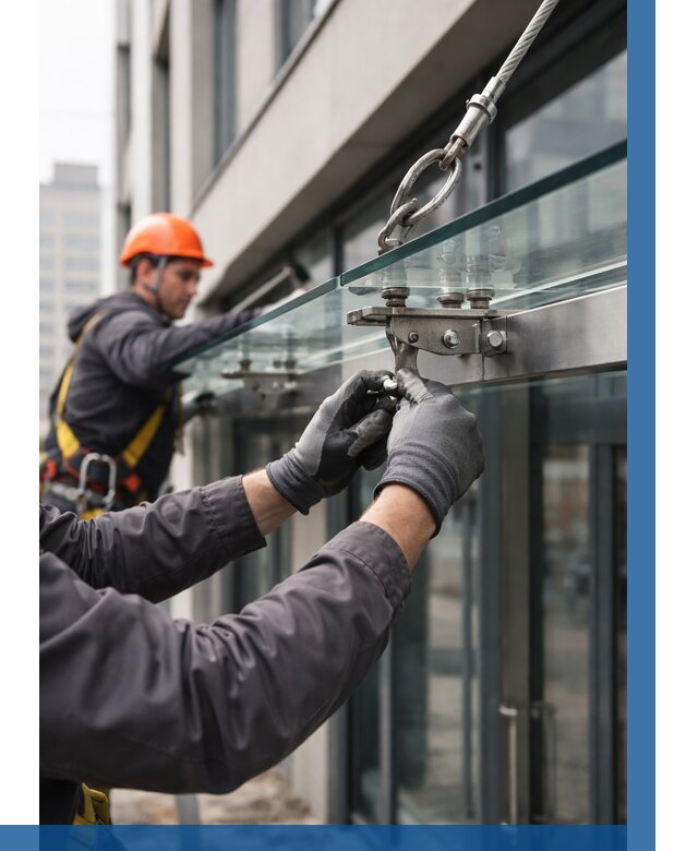 Монтаж стеклянных козырьков в Сарове от 8853 р. | ВЫСОТНИК-Сро