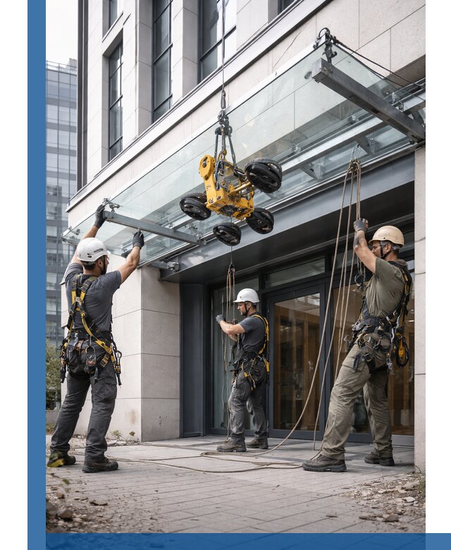 Монтаж стеклянных козырьков под ключ в Сарове для зданий