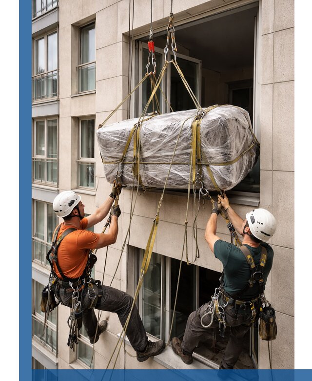 Подъем грузов через окно в Сарове промышленными альпинистами