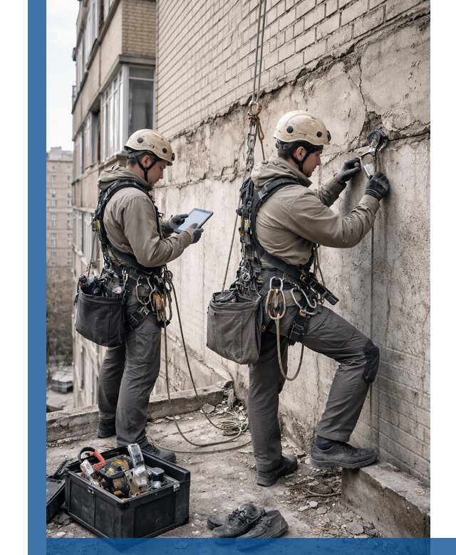 Обследование фасада промышленными альпинистами в Сарове